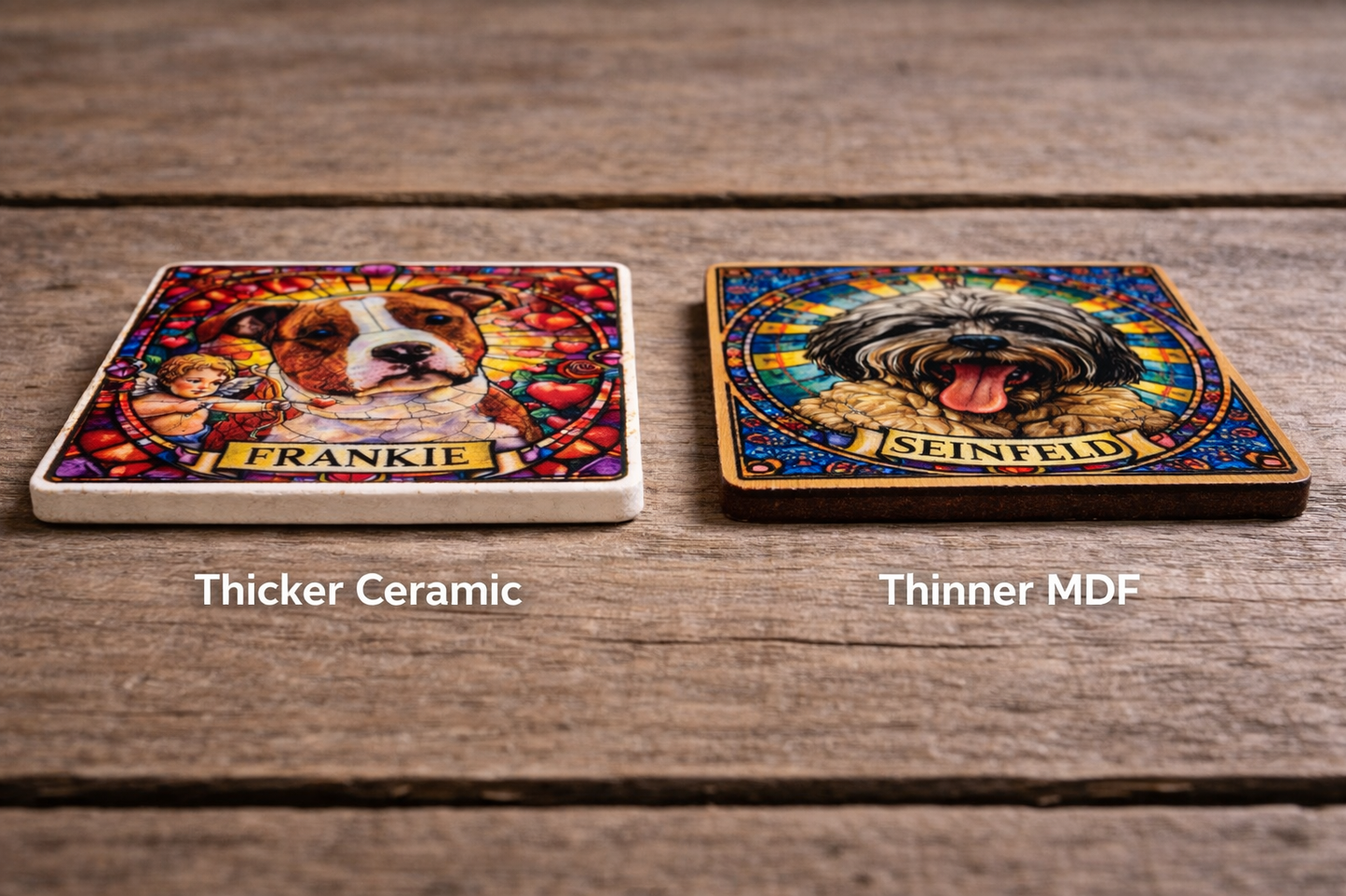 Two ceramic coasters on a wooden surface, labeled 'Thicker Ceramic' and 'Thinner MDF'.