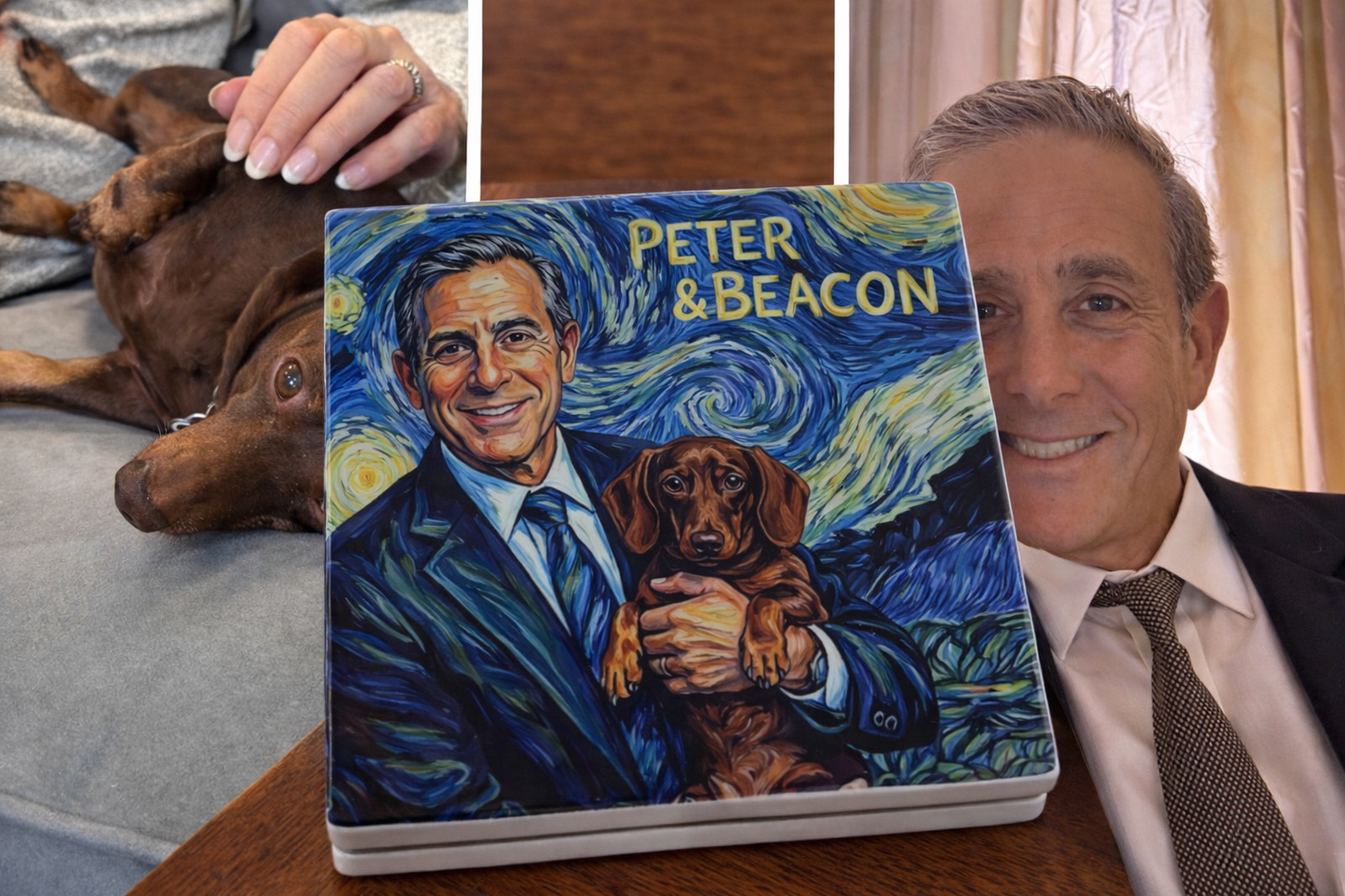 Laptop with 'Peter & Beacon' design featuring a man and a dog, surrounded by images of a dog and a person.