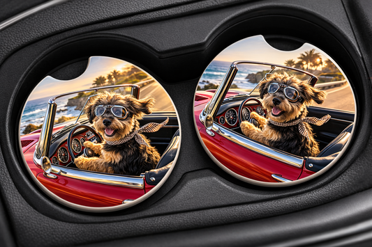 Two car coasters with a dog in a convertible car design, placed in a car cup holder.