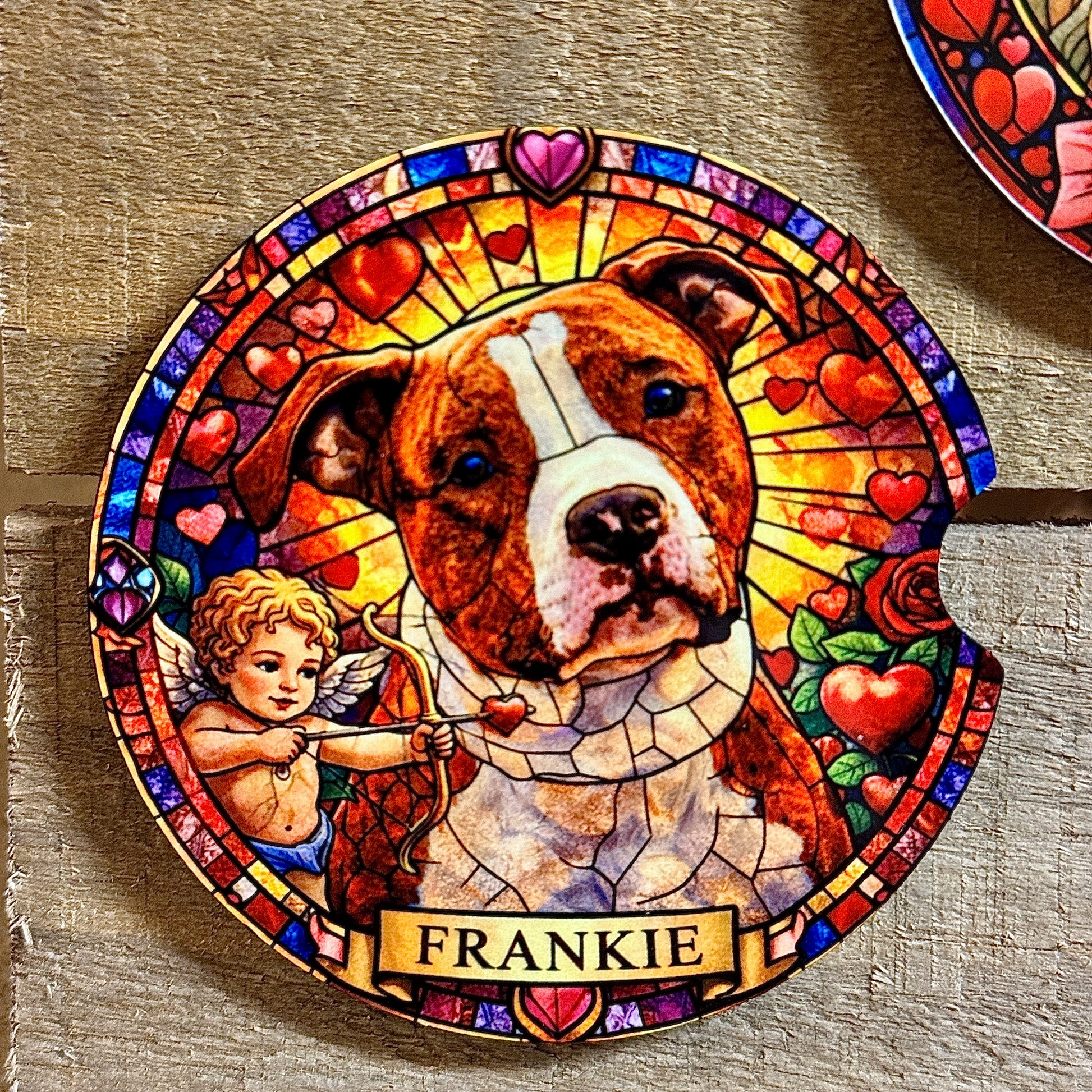 Stained glass-style artwork of a dog with 'Frankie' below, surrounded by hearts and an angel.