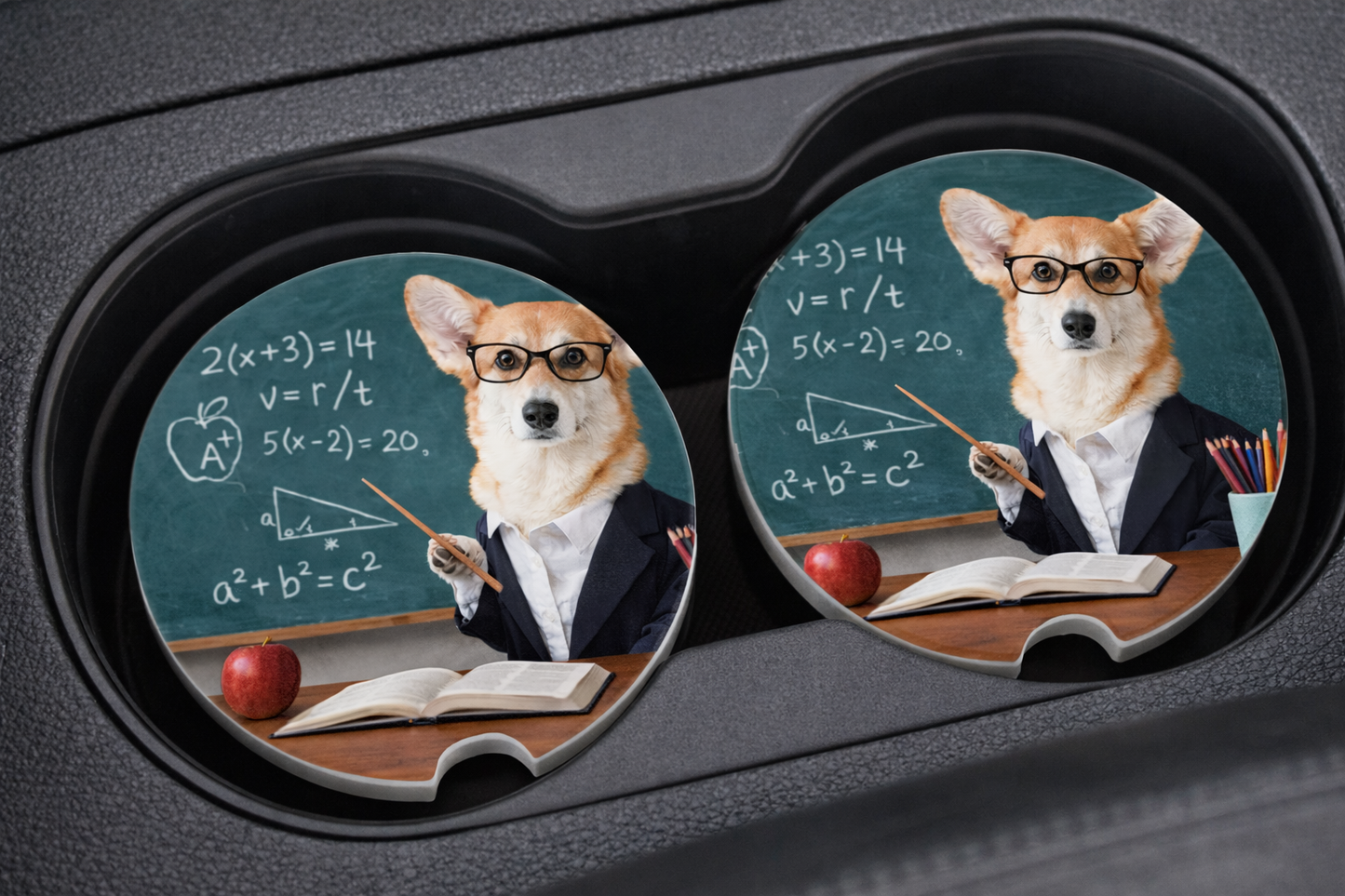 Two car coasters with a dog wearing glasses and teaching, placed in a cup holder.