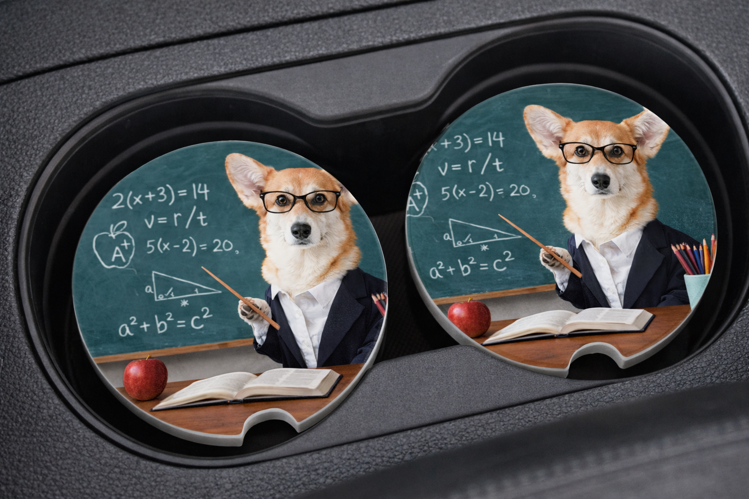 Two car coasters with a dog wearing glasses and teaching, placed in a cup holder.