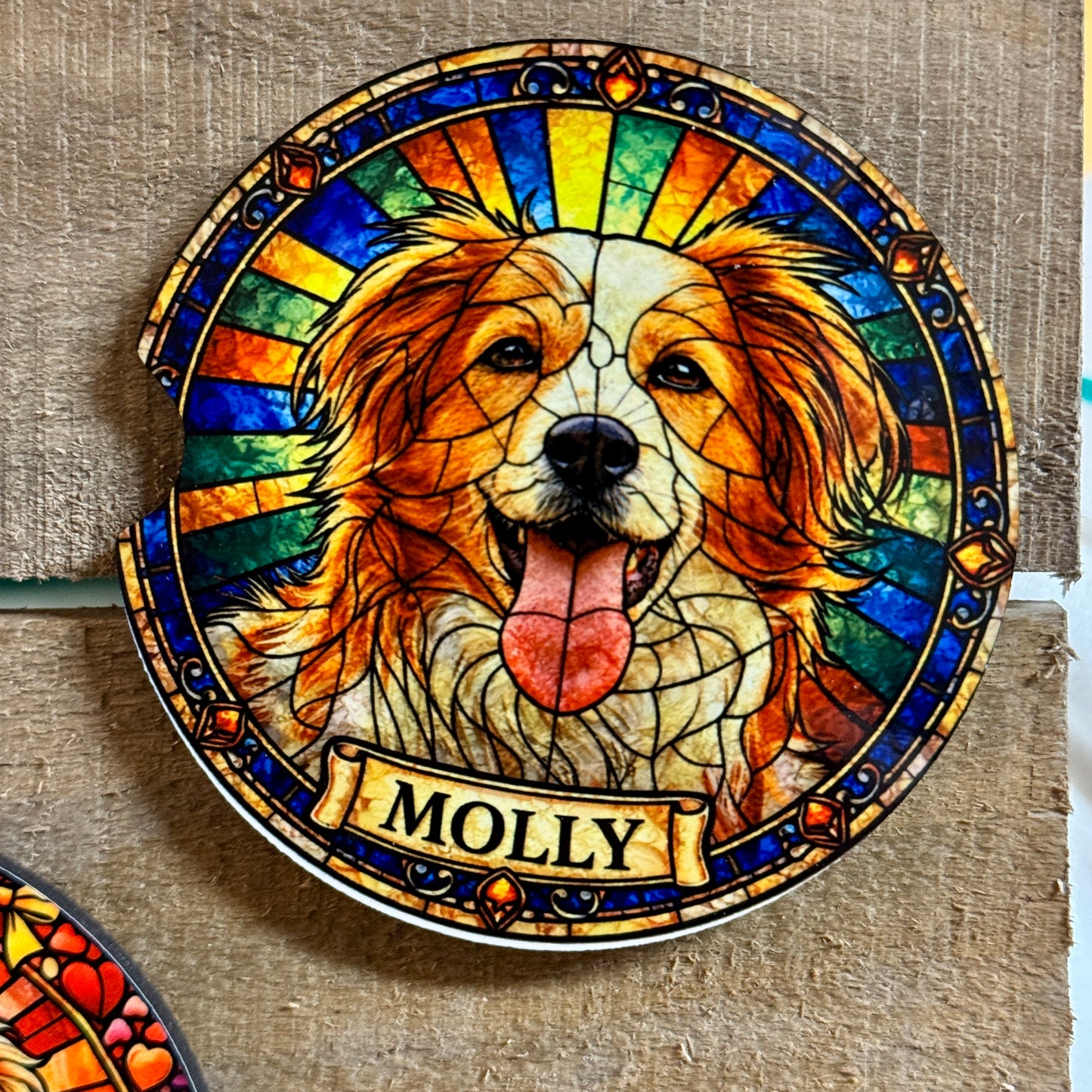 Stained glass-style pet portrait of a dog named Molly on a textured surface.