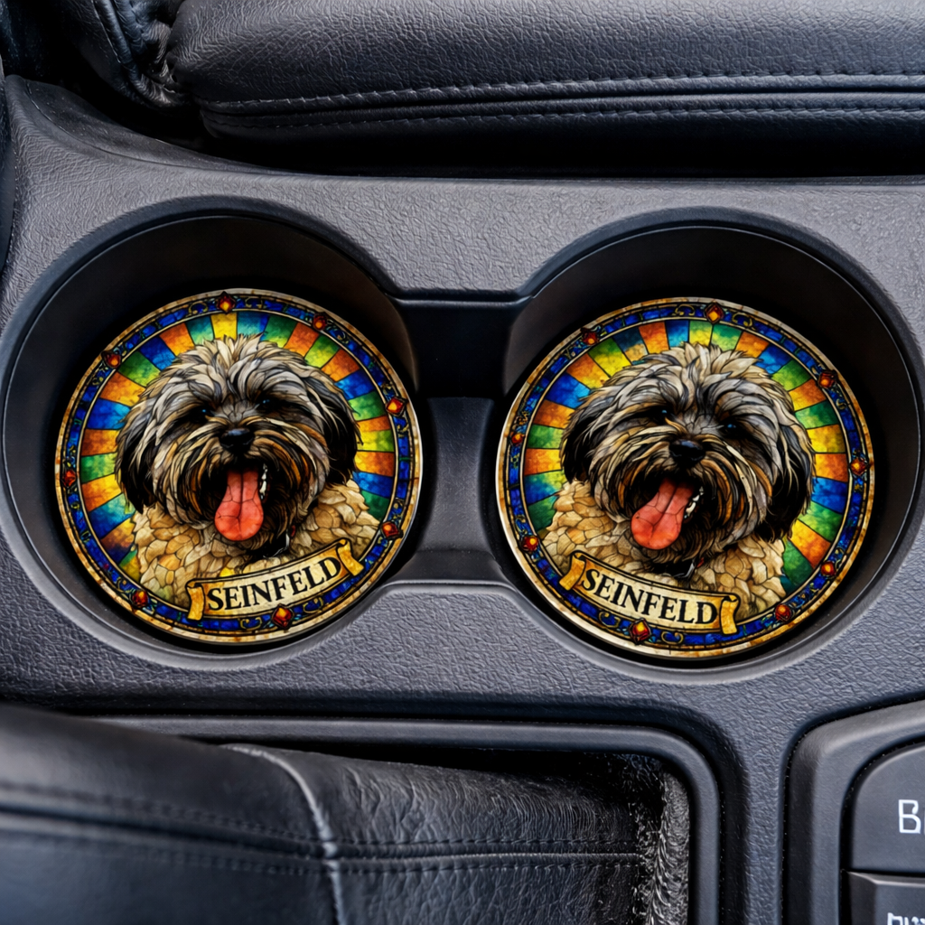 Two Seinfeld-themed car coasters on a vehicle's cup holder.
