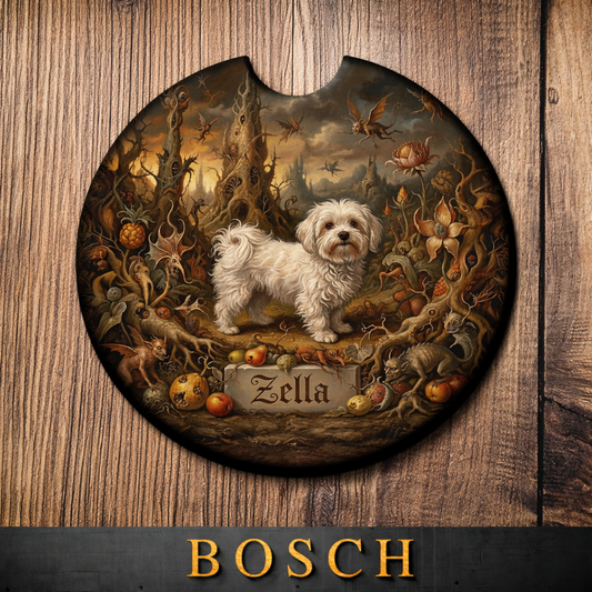 Decorative coaster with a dog illustration and 'Bosch' branding on a wooden surface