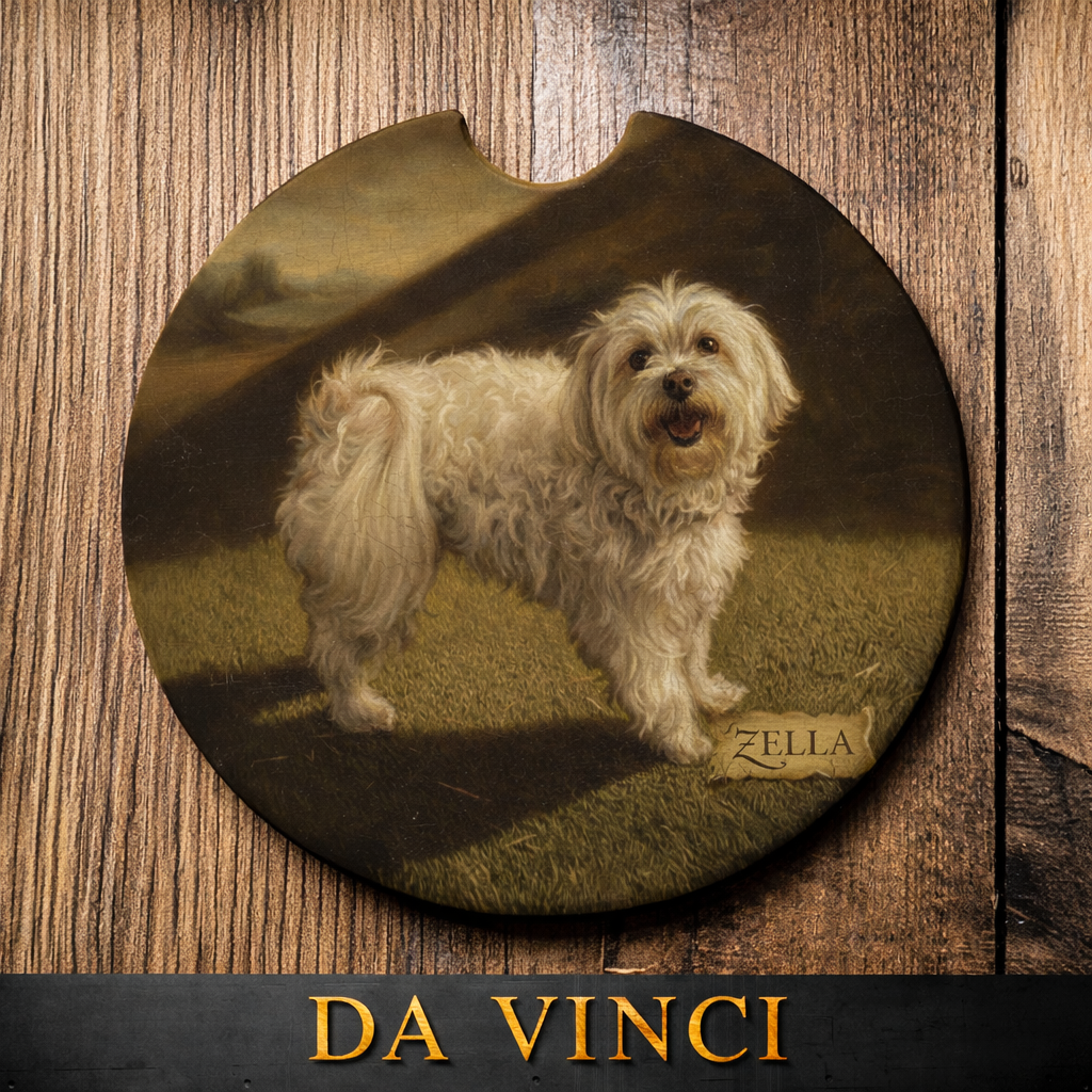 Round coaster with a dog painting labeled 'Zella' on a wooden surface, featuring the brand 'Da Vinci'.