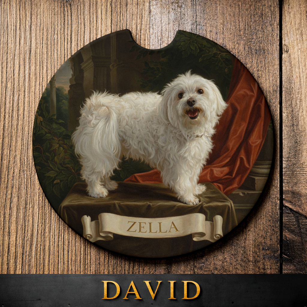 Decorative coaster with a white dog portrait and 'Zella' on a wooden surface