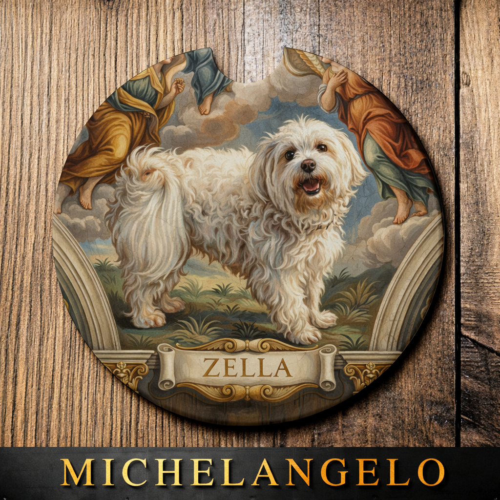 Decorative plaque with a white dog named Zella, inspired by Michelangelo's style, on a wooden background.