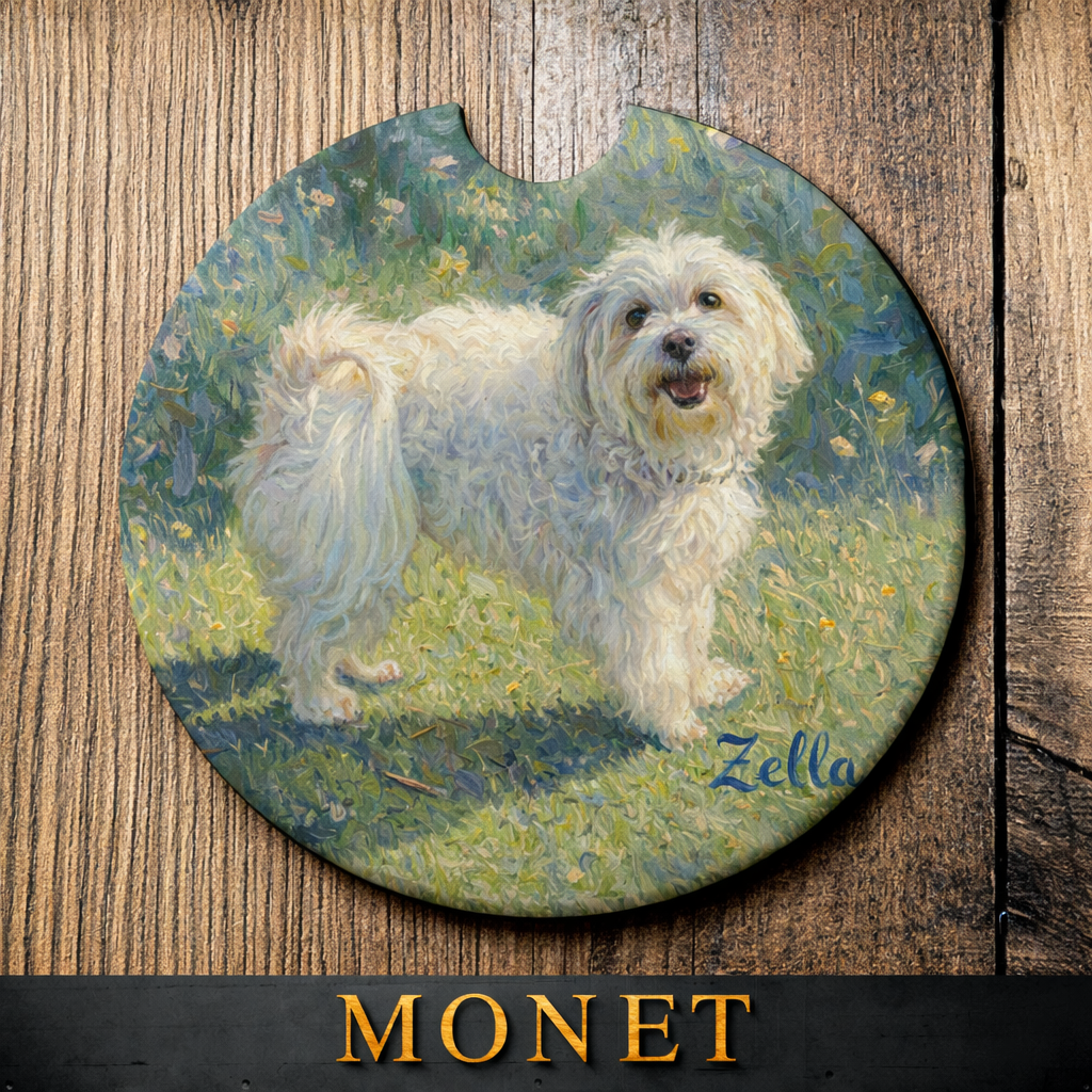 Round coaster with a white dog illustration and 'Zella' branding on a wooden surface, inspired by Monet's style.
