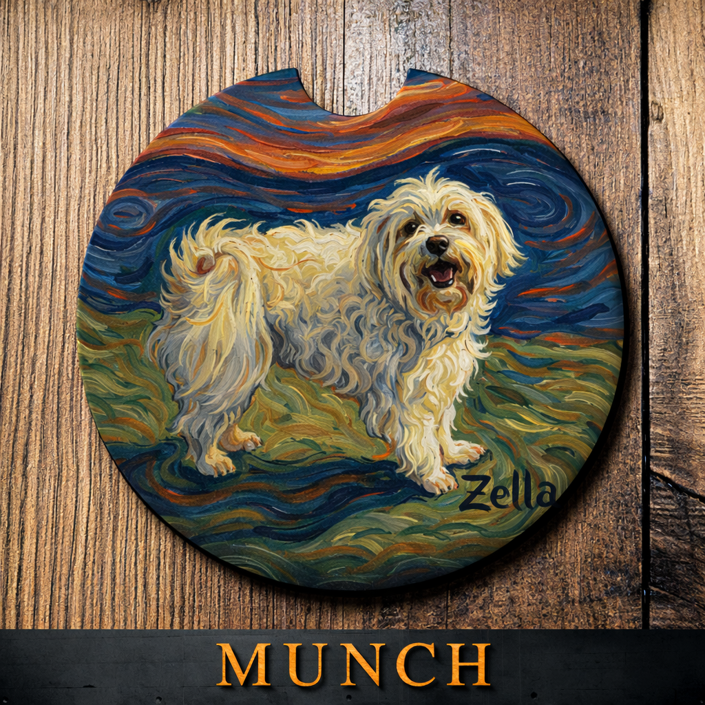 Painted dog portrait on a circular wooden plaque with 'MUNCH' and 'Zella' text.