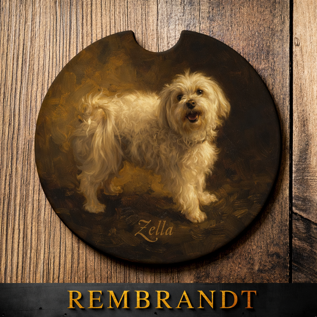 Painting of a white dog named 'Zella' by Rembrandt on a wooden background