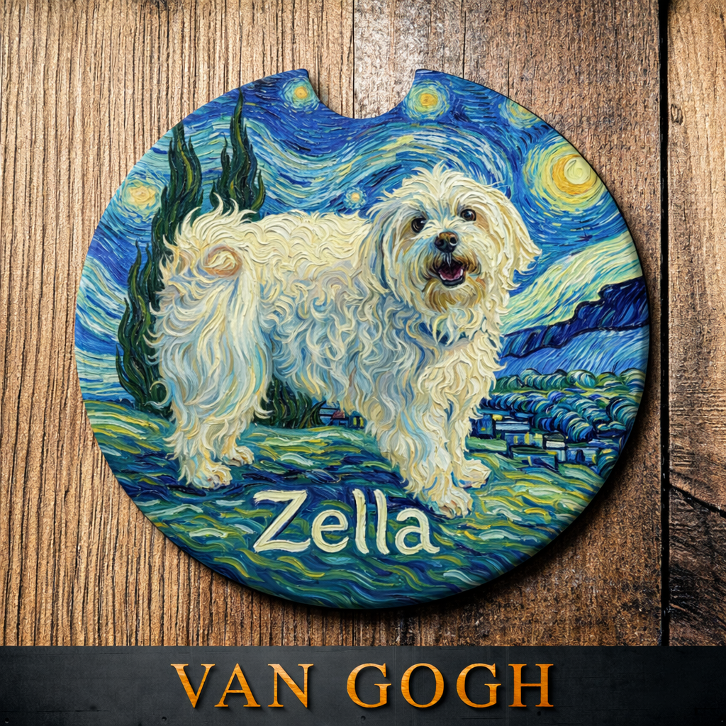 Round coaster with a white dog resembling Van Gogh's 'Starry Night' on a wooden surface.
