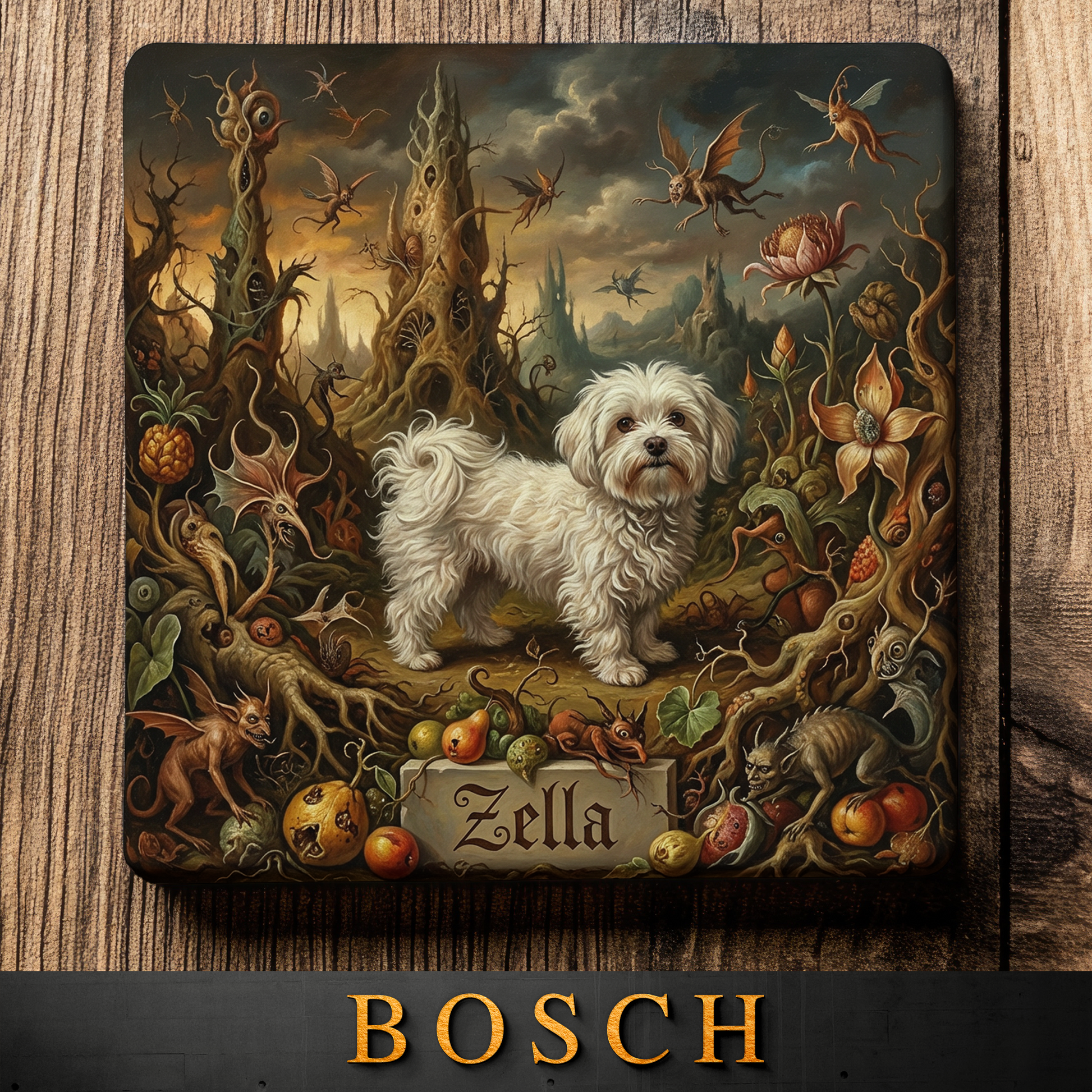 Decorative mouse pad with a dog named Zella in a fantasy setting, featuring the brand 'Bosch'.