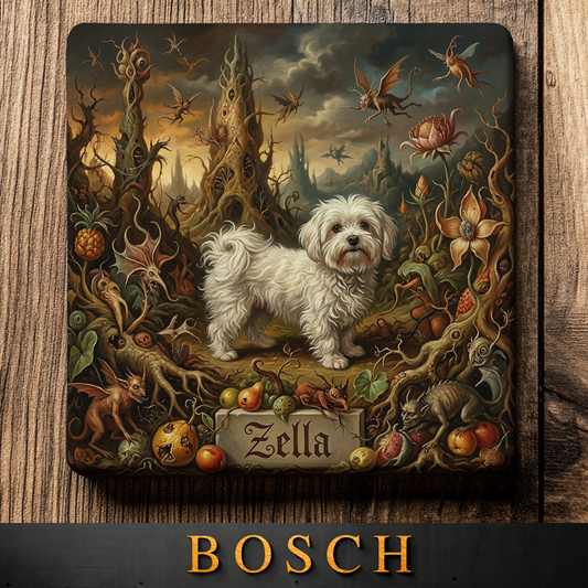 Decorative mouse pad with a dog named Zella in a fantasy setting, featuring the brand 'Bosch'.