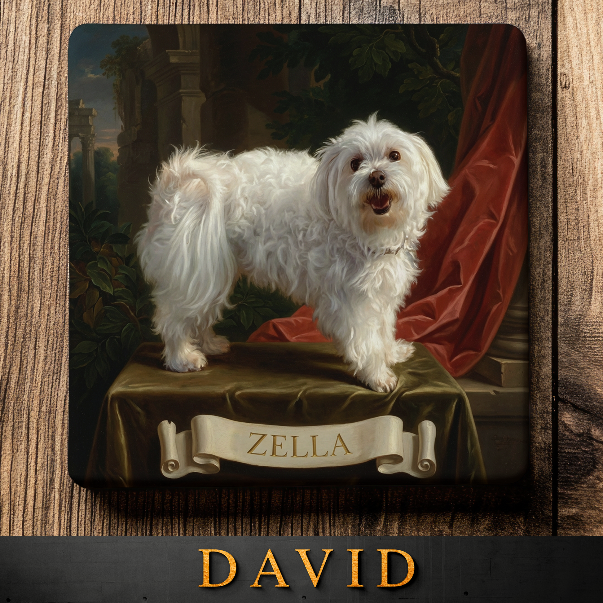 Stylized painting of a white dog with a red curtain and classical architecture, featuring the name 'Zella'.