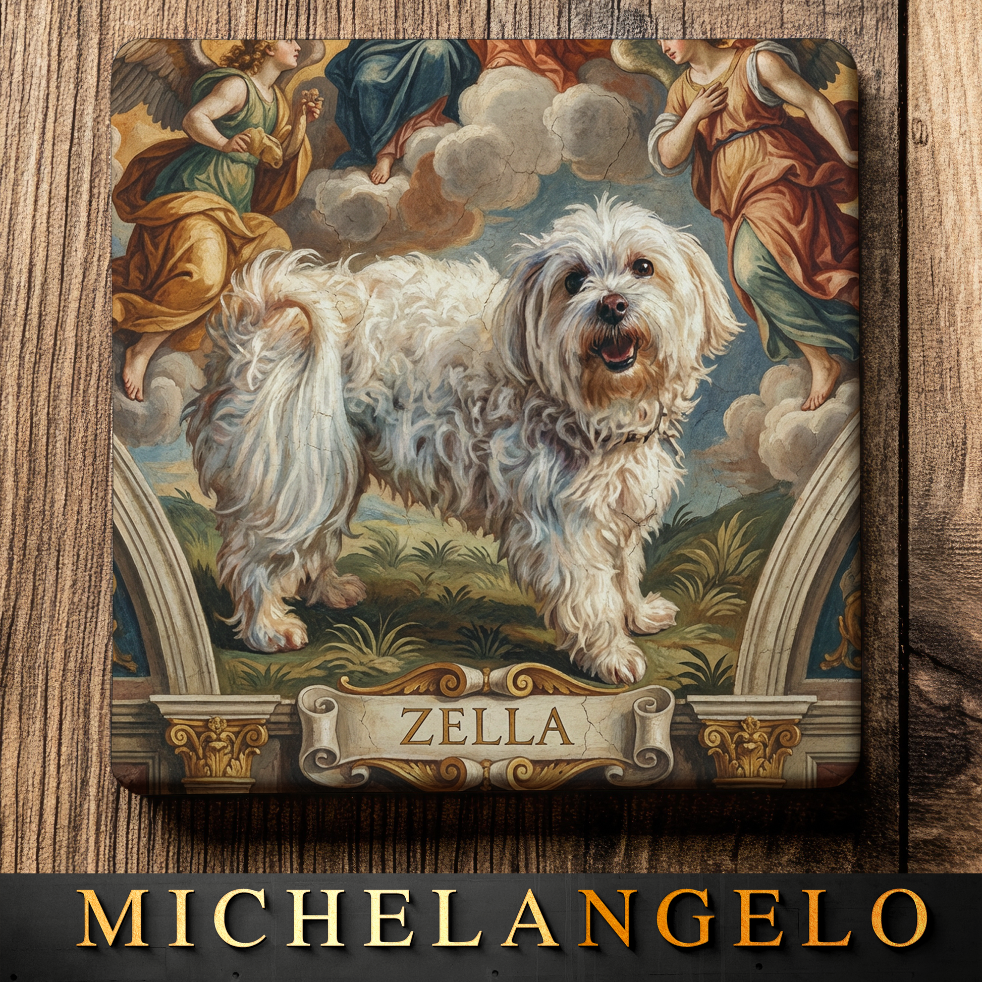 Coaster with a dog illustration and 'Zella' name, styled like Michelangelo's art, on a wooden surface.