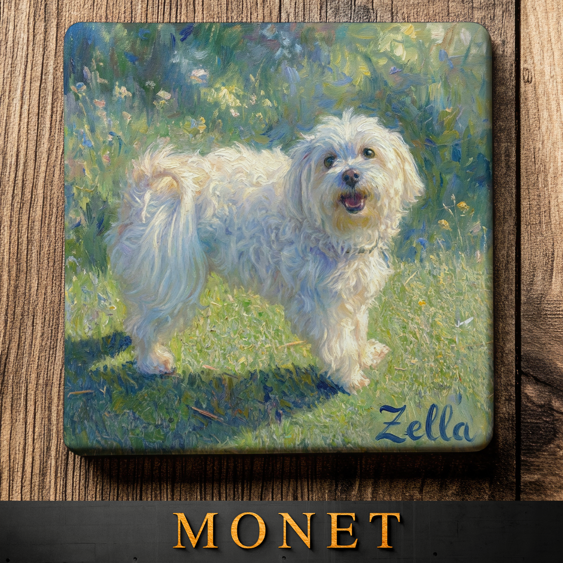 Painting of a white dog on a wooden surface with 'MONET' branding.