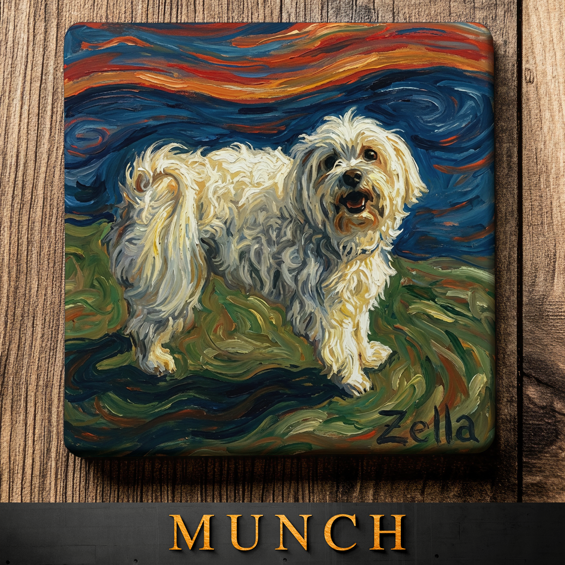 Artistic depiction of a dog resembling Van Gogh's 'Starry Night' on a wooden surface.