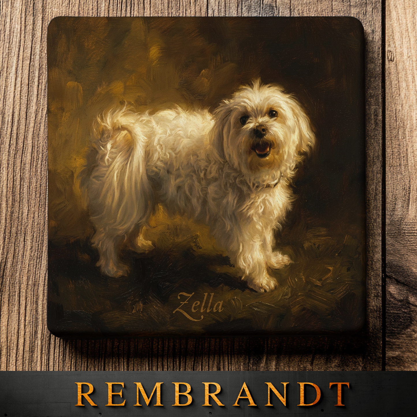 Painting of a white dog named Zella with 'Rembrandt' branding on a wooden surface.