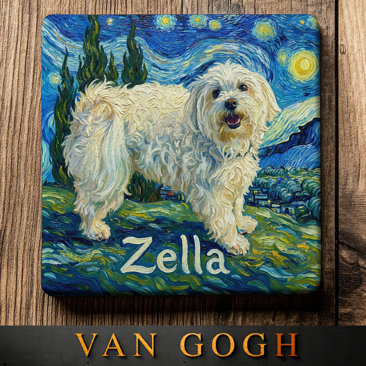 Coaster with a dog resembling Van Gogh's 'Starry Night' on a wooden surface