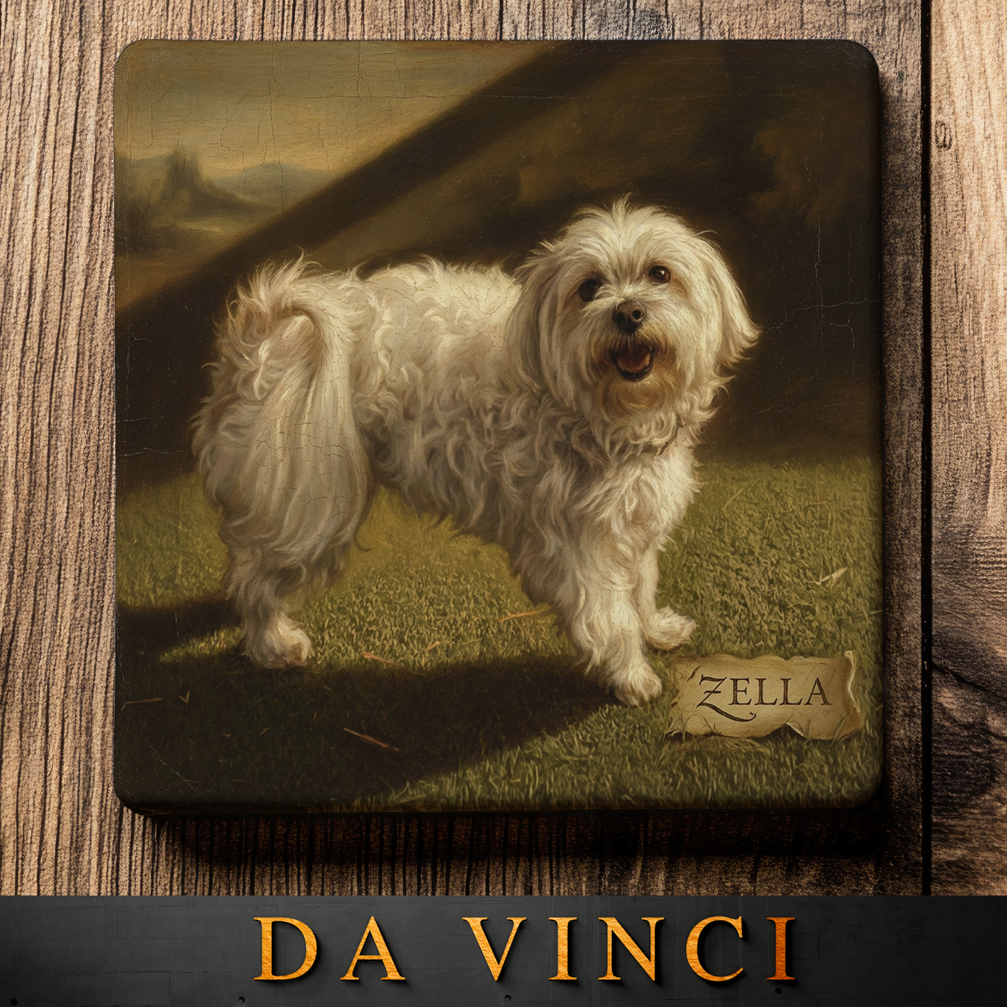 Coaster with a dog illustration and 'Zella' nameplate, branded 'Da Vinci', on a wooden surface.