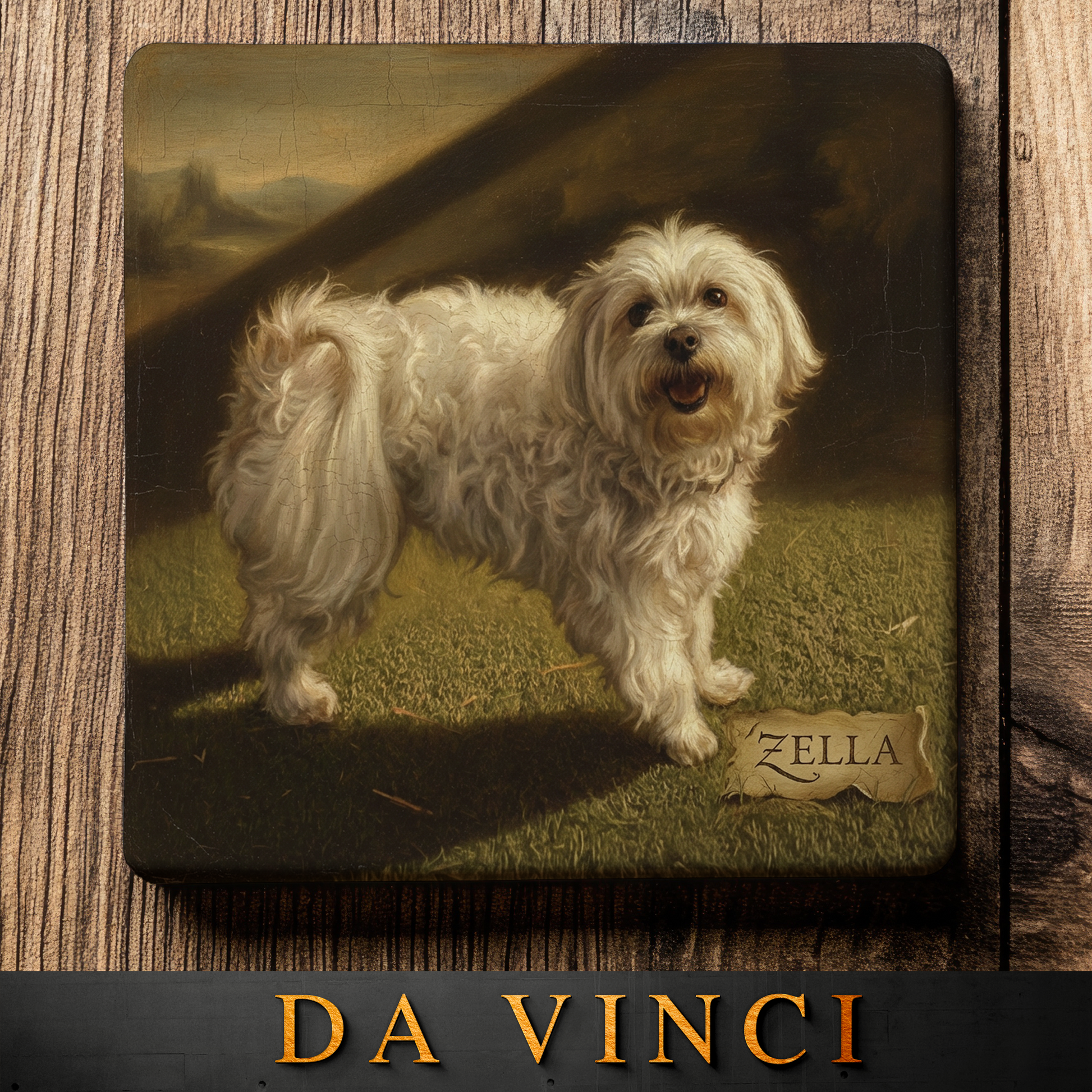 Coaster with a dog illustration and 'Zella' nameplate, branded 'Da Vinci', on a wooden surface.