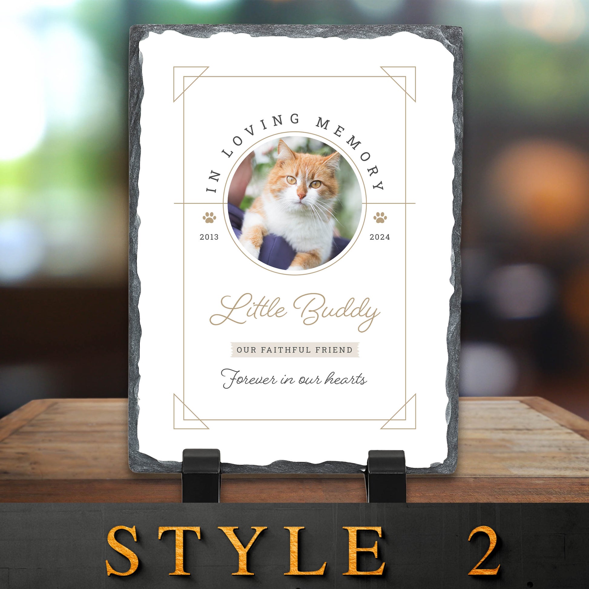 Memorial plaque for a cat named 'Little Buddy' with a photo of a cat on a blurred background.