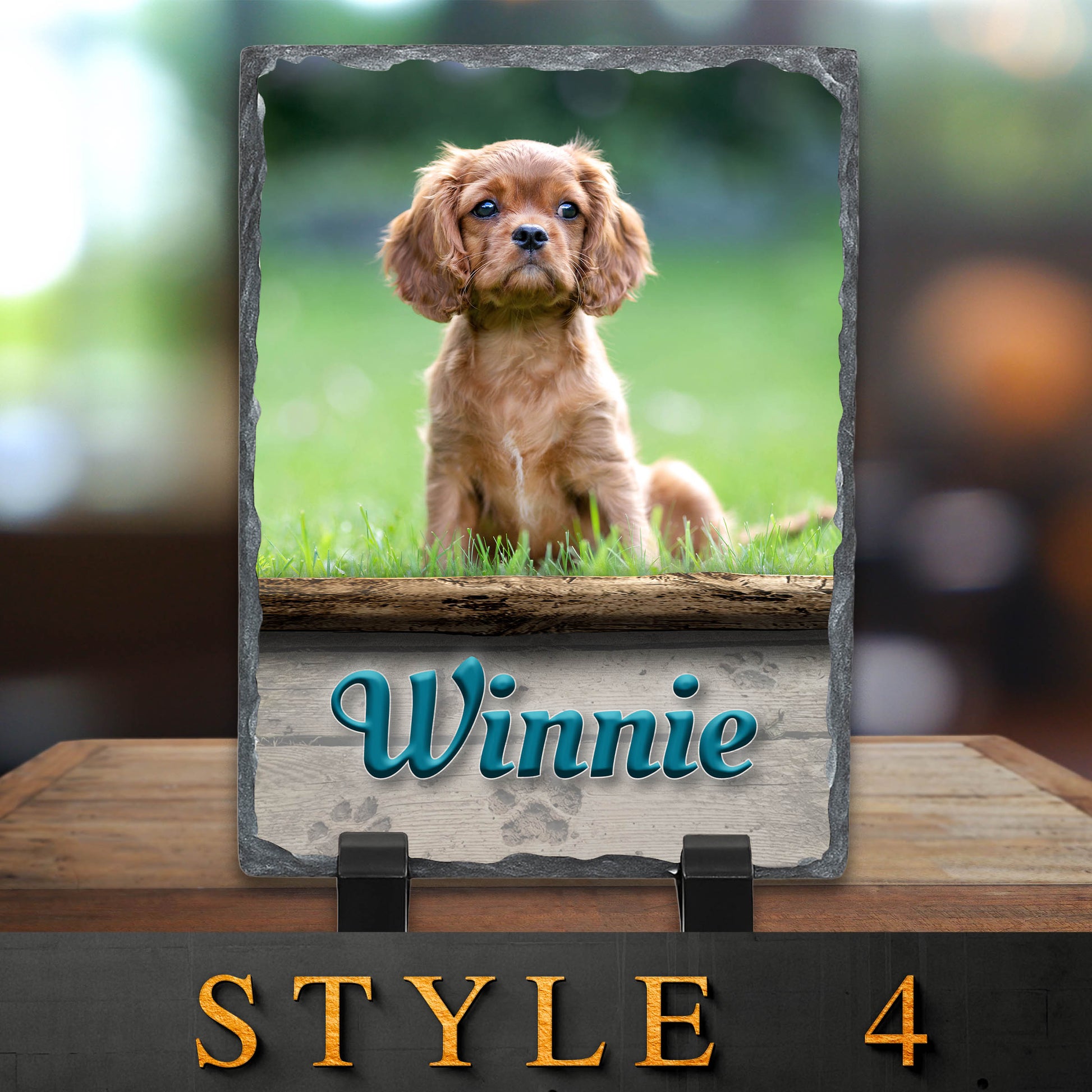 Slate with a dog photo and 'Winnie' text on a wooden stand