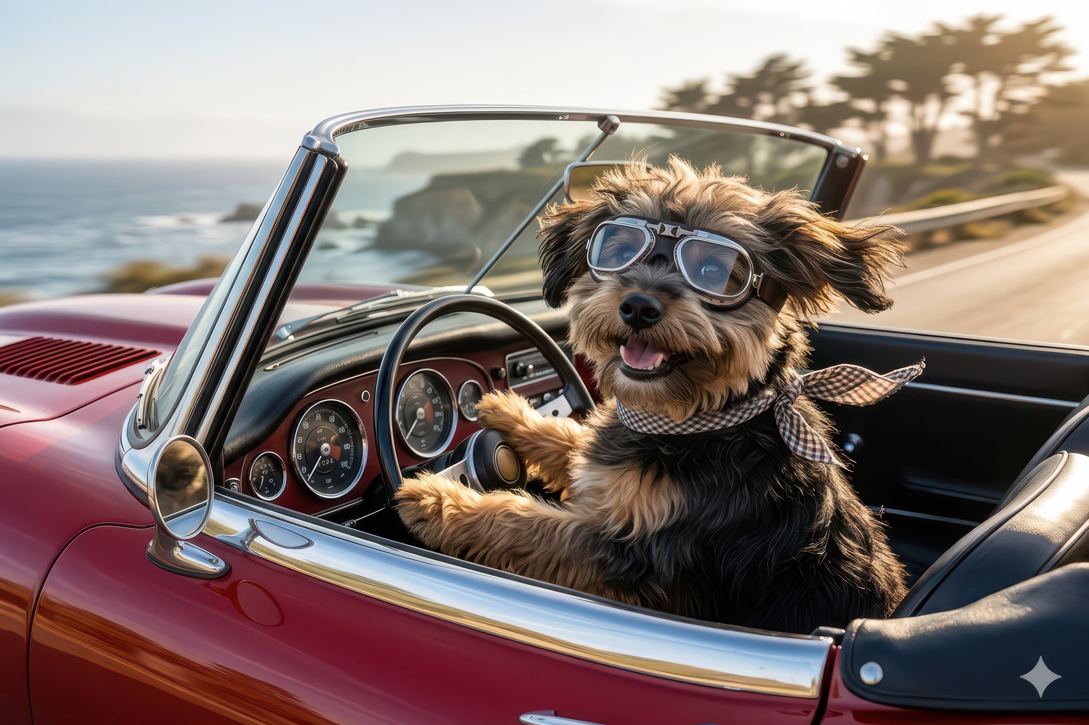 Dog wearing goggles sitting in a convertible car by the ocean