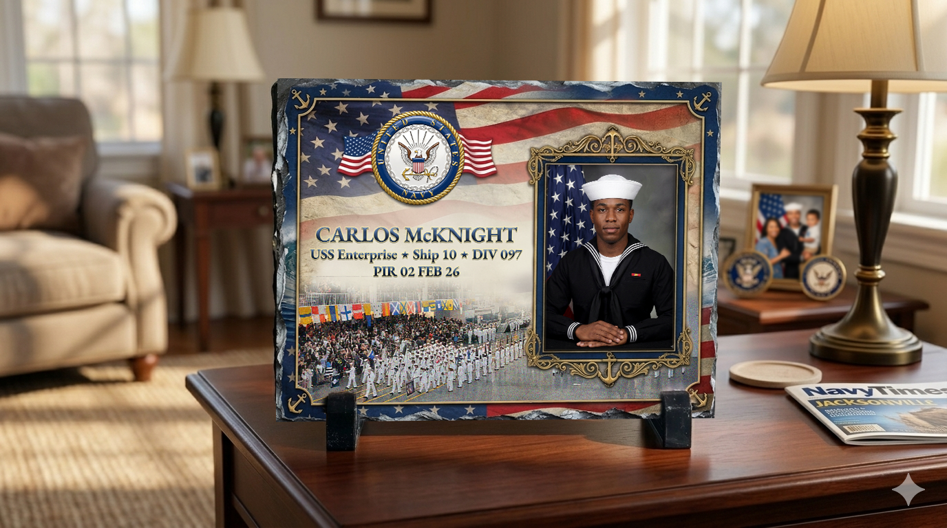 Navy Boot Camp plaque on a wooden surface with a home interior background