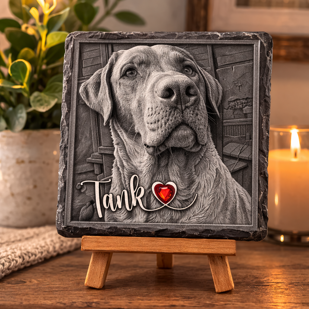 Decorative plaque with a dog's face and name 'Tank' on a wooden stand.