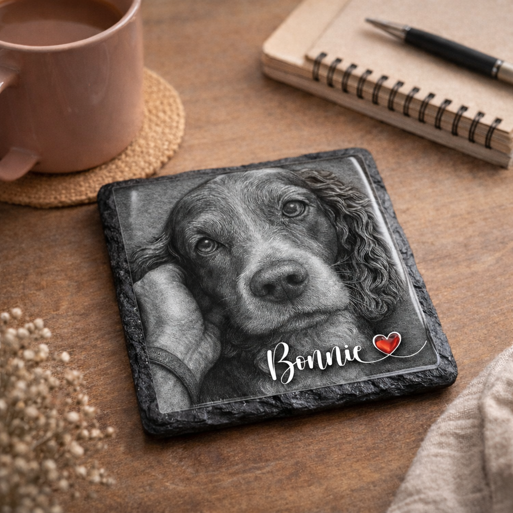 Coaster with a dog illustration and 'Bonnie' text on a wooden surface with a mug and notebook.