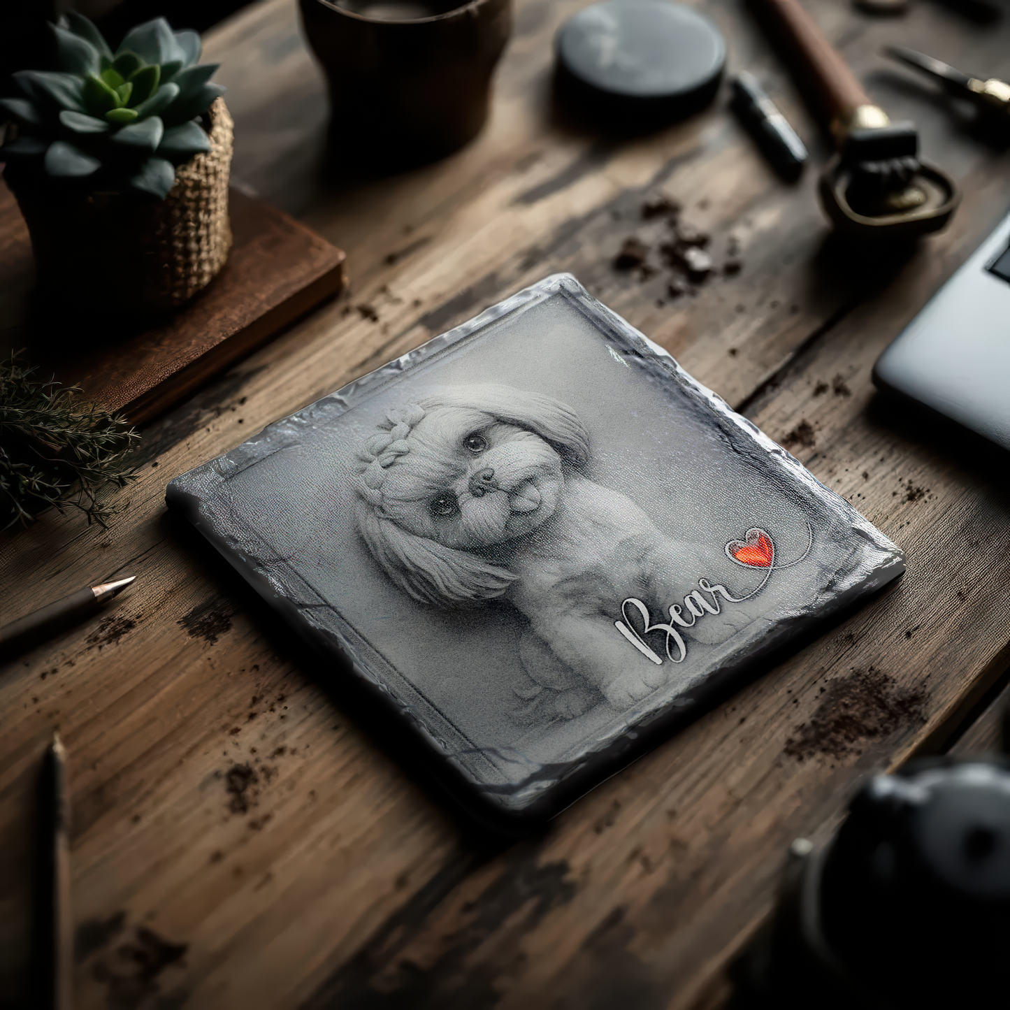 Pet portrait on a slate with 'Bear' and a heart, on a wooden surface with office items.