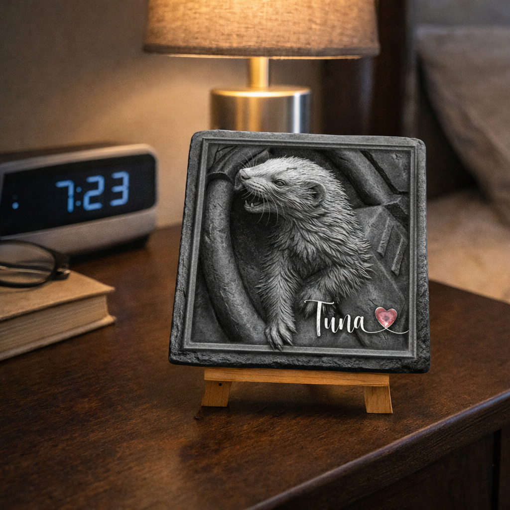 Decorative plaque with a black and white ferret named Tuna illustration on a wooden stand, placed on a desk.