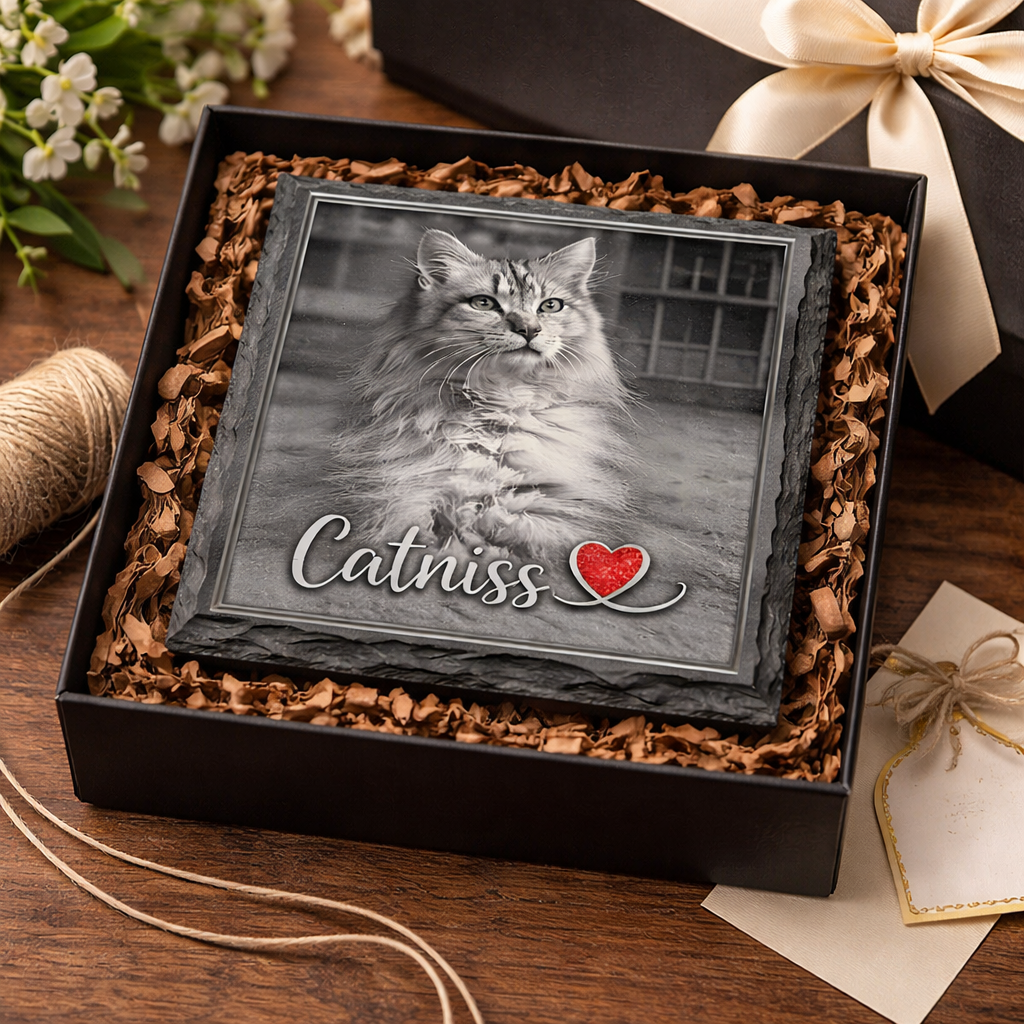 Decorative box with a framed picture of a cat named 'Catniss' on a wooden surface.