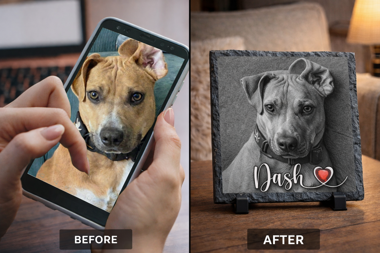 Before and after comparison of a dog photo on a tablet and slate plaque.