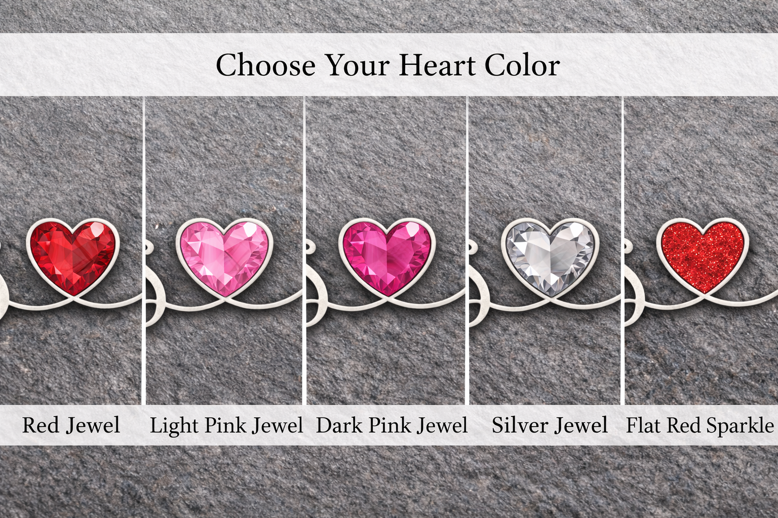 Heart-shaped jewelry options with color choices on a gray background