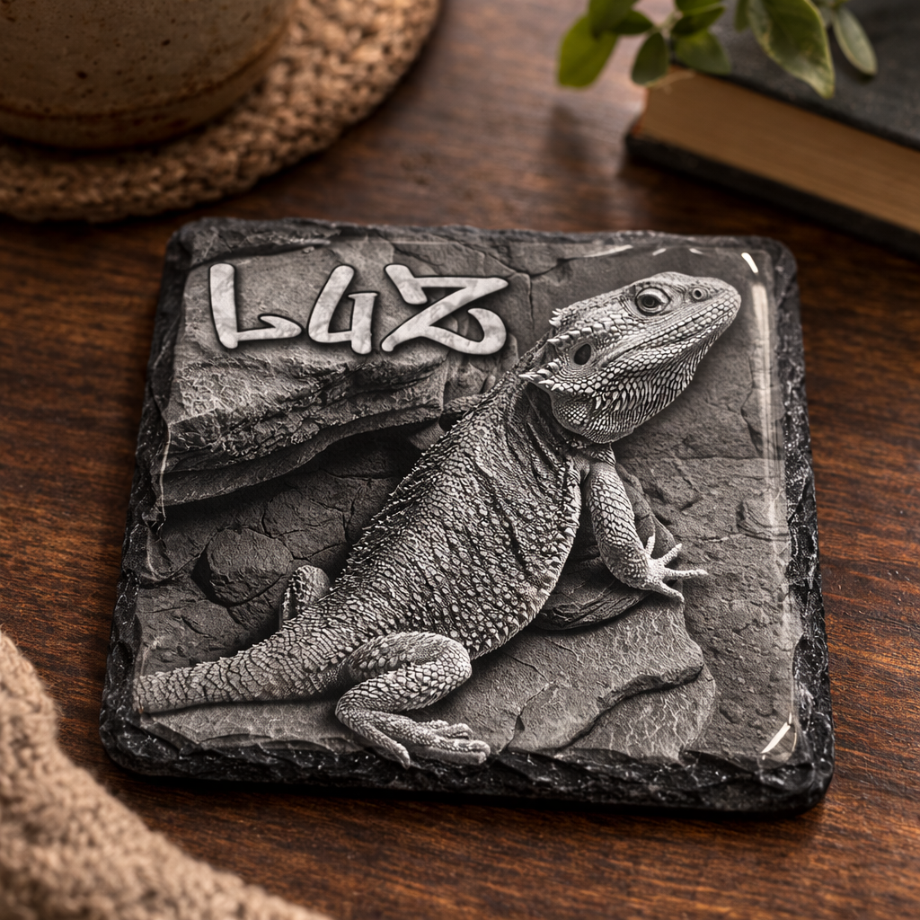 Decorative stone coaster with a lizard design and 'Luz' name on a wooden surface.