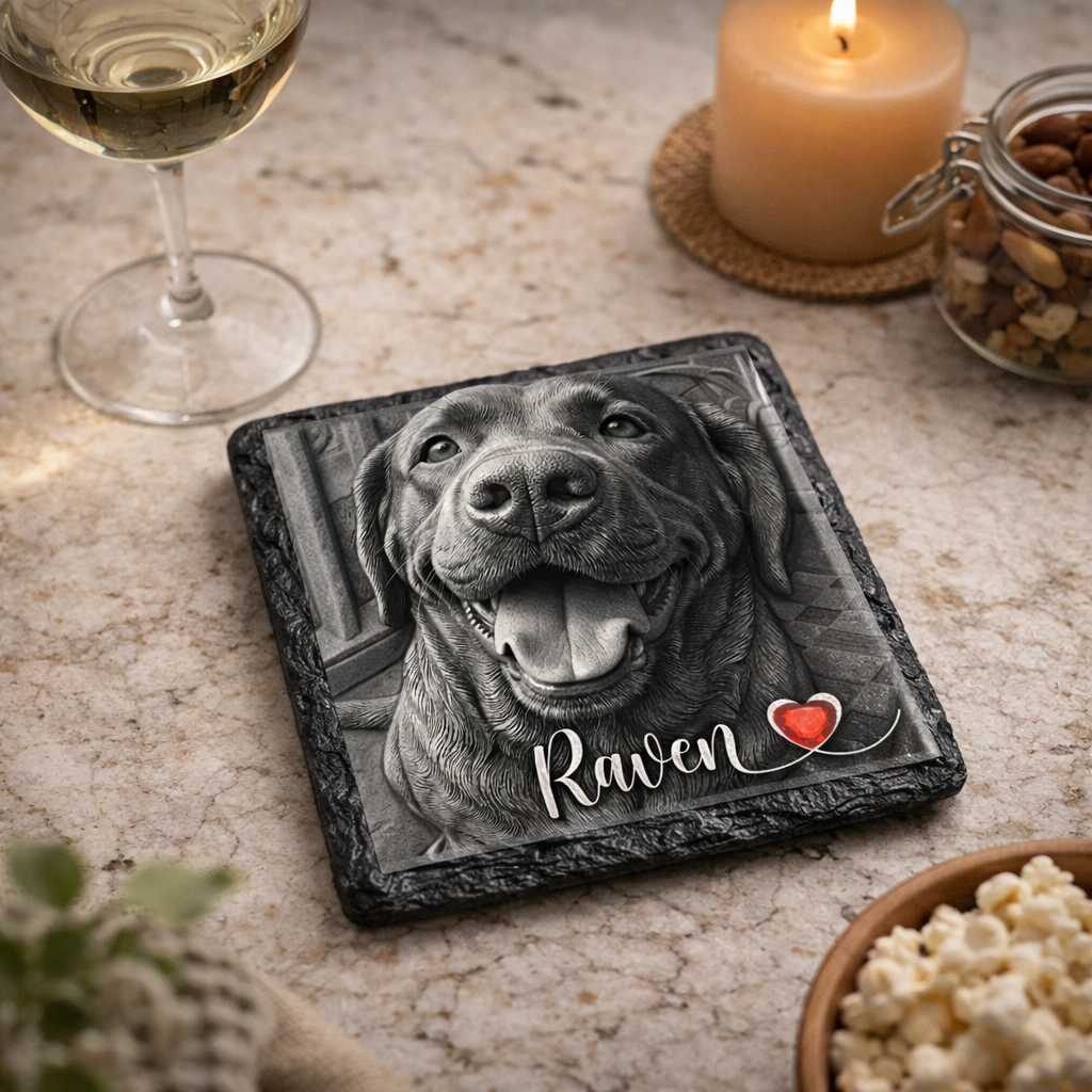Slate coaster with a dog's face and name 'Raven' on a table with a glass of wine, candle, and snacks.