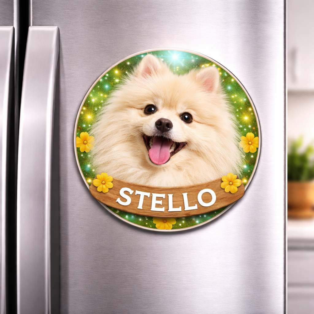 Fridge magnet with a dog's face and name 'Stello' on a floral background