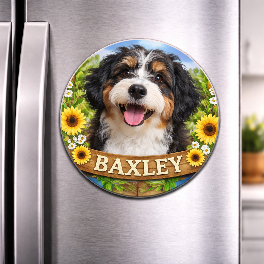 Circular dog magnet with 'BAXLEY' on a refrigerator door