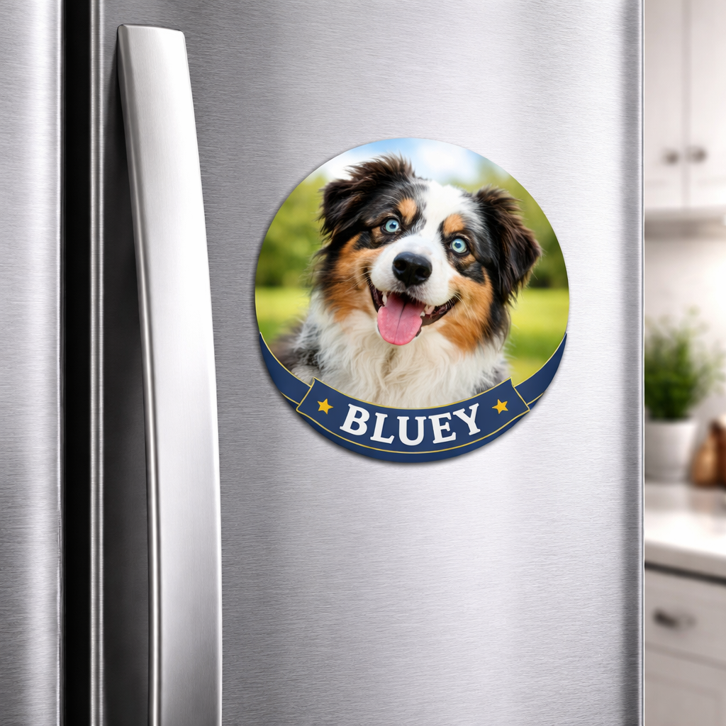 Fridge magnet with a dog's face and name 'Bluey' attached to a refrigerator.