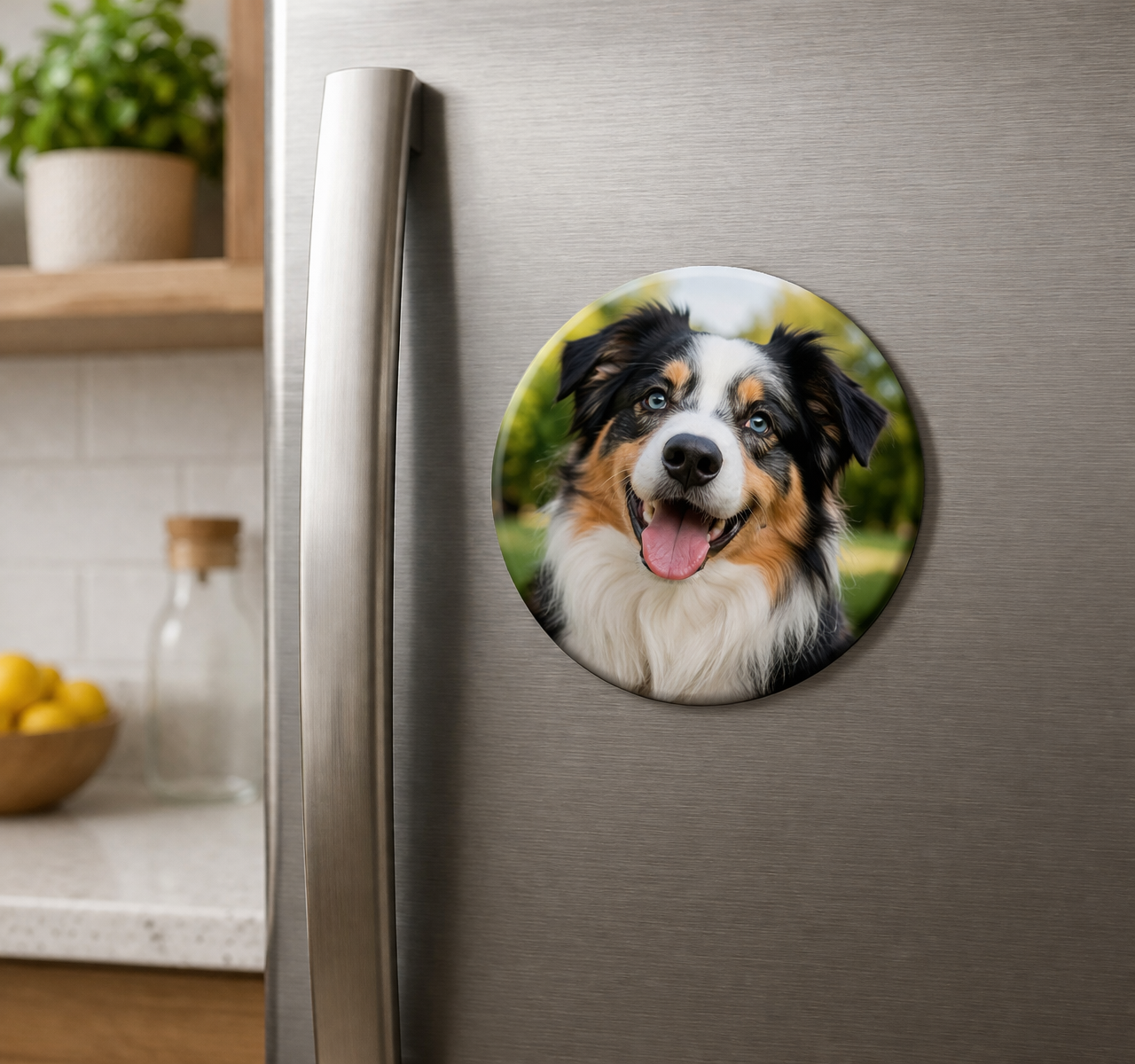 Dog magnet on a refrigerator door in a kitchen setting