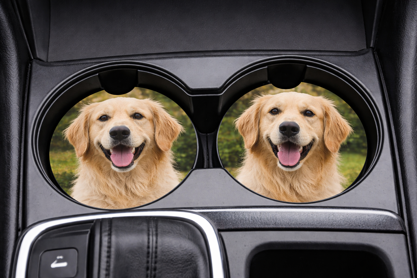 Two circular cup holders in a car's center console with images of a golden retriever.