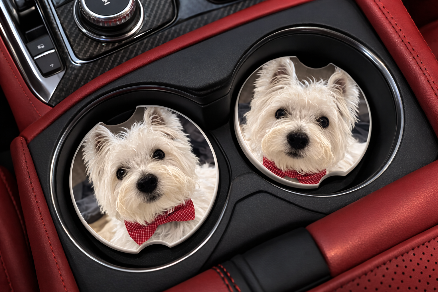Car cup holder with two circular coasters featuring images of a dog with a red bow tie.