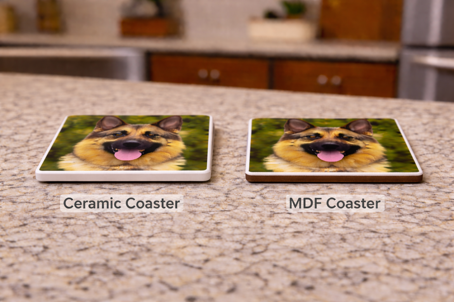Two coasters, one ceramic and one MDF, with a dog design on a kitchen counter.