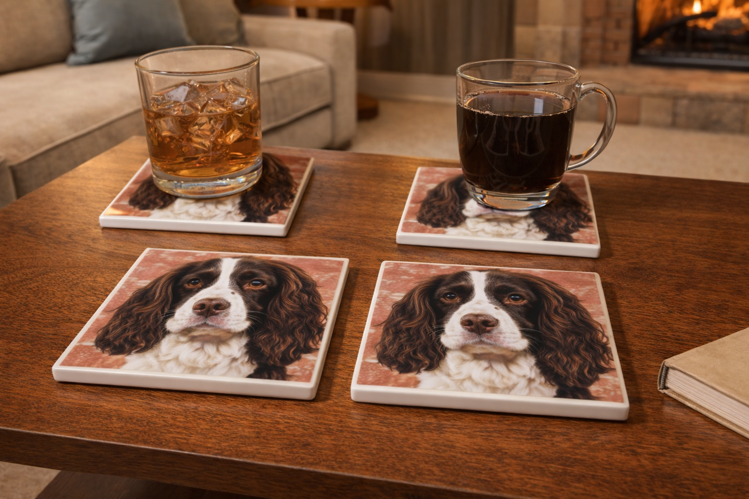 Four coasters with dog illustrations on a wooden table with drinks.