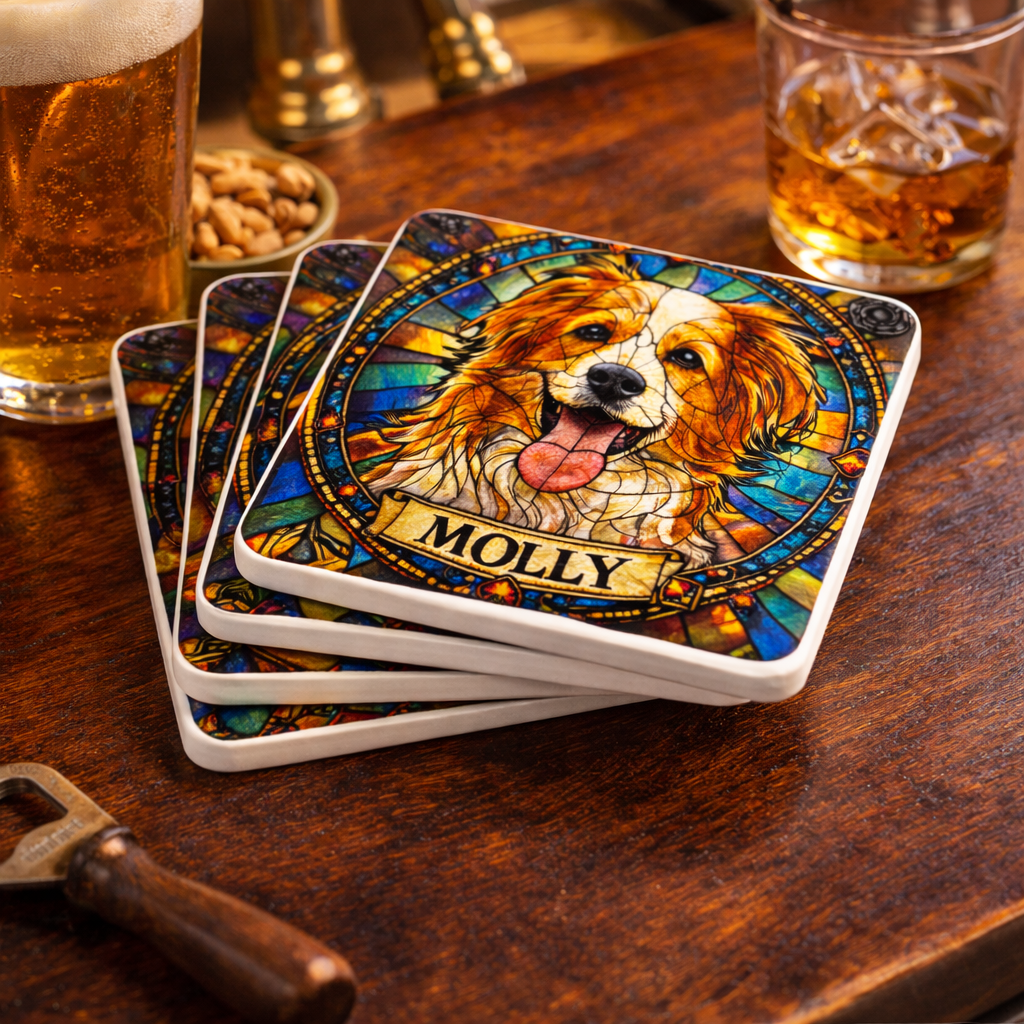 Set of four coasters with a stained glass-style dog design and the name 'Molly', placed on a wooden surface with drinks and snacks.
