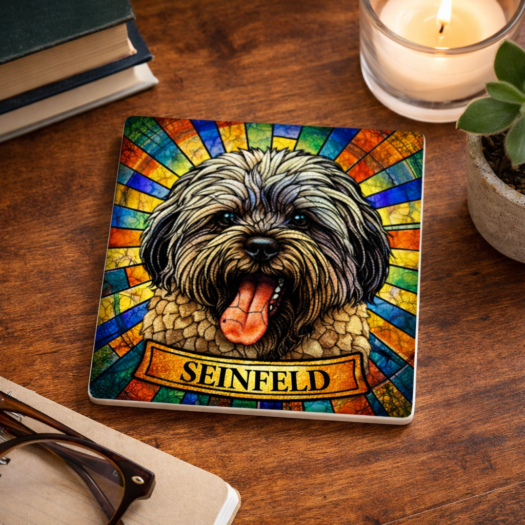 Colorful coaster with a dog illustration and 'Seinfeld' text on a wooden surface.