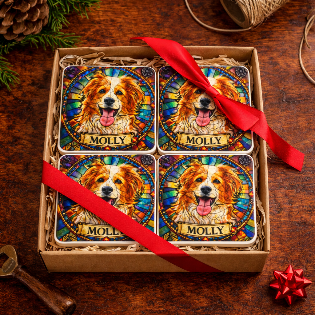 Set of four colorful coasters with a dog's face and name 'Molly', tied with a red ribbon, on a wooden surface.